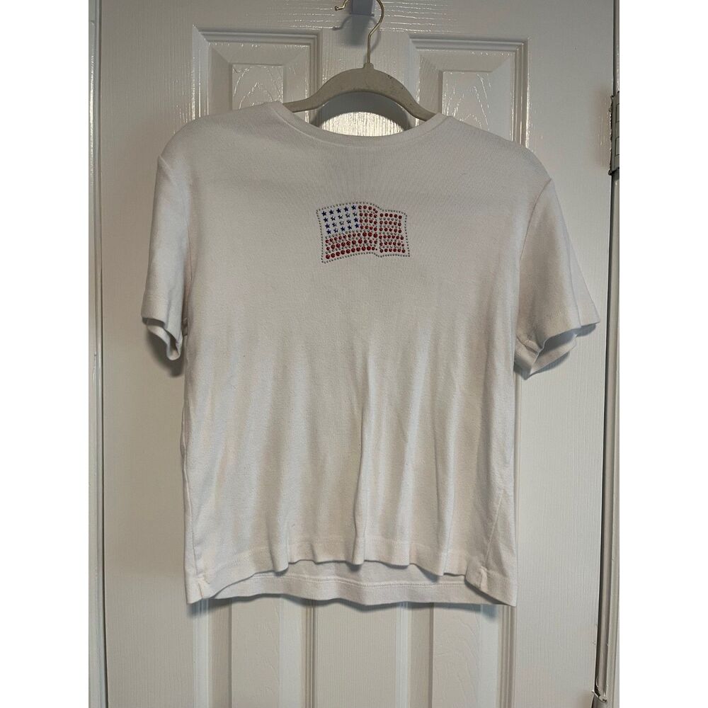 Vintage Carolyn Taylor Bedazzled American flag white shirt 100% cotton